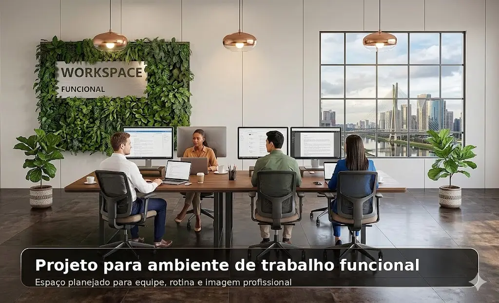 Ambiente de trabalho funcional com estações bem distribuídas, iluminação confortável e imagem profissional