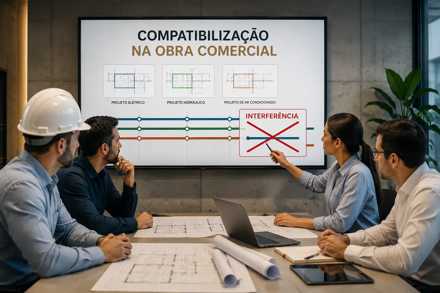 Compatibilização na obra comercial com projeto, fornecedores, elétrica, hidráulica e execução alinhados