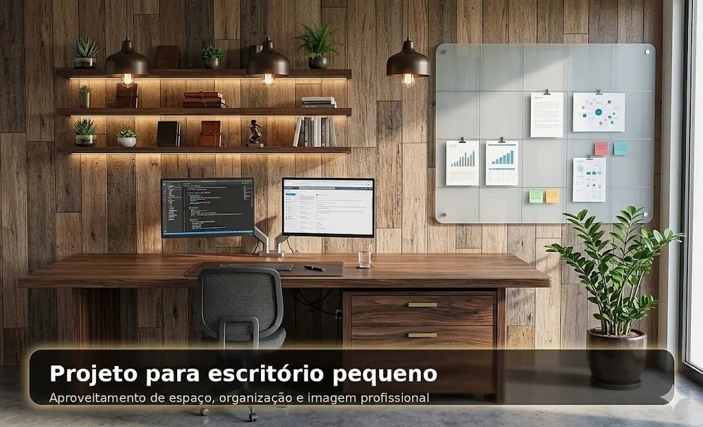 Escritório pequeno planejado com bancada funcional, marcenaria elegante e iluminação confortável