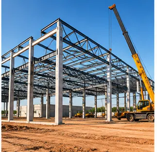 Estrutura metálica durante construção de galpão comercial