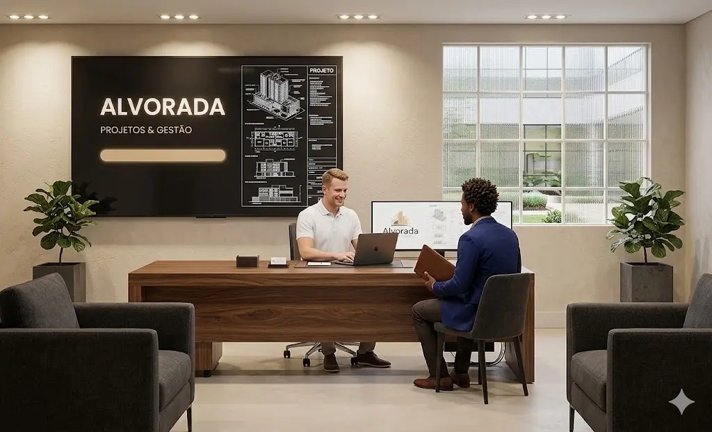 Projeto de recepção corporativa com balcão elegante, área de espera e identidade visual aplicada