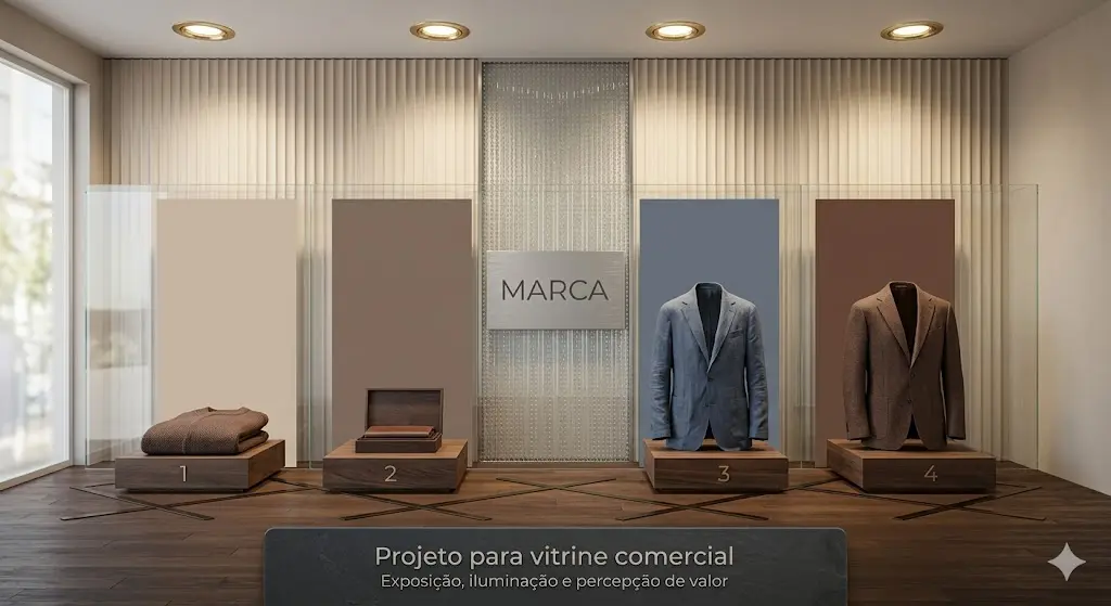Vitrine comercial elegante com exposição estratégica, iluminação e identidade visual sofisticada