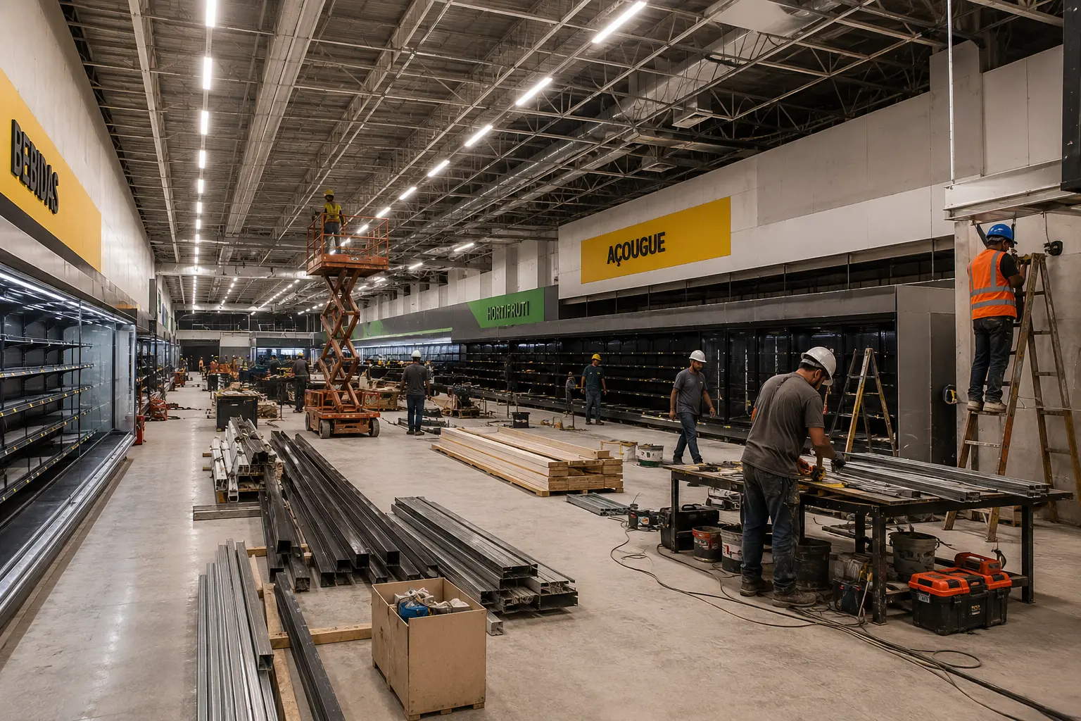 Execução de obra comercial com acabamento, fornecedores e implantação planejada