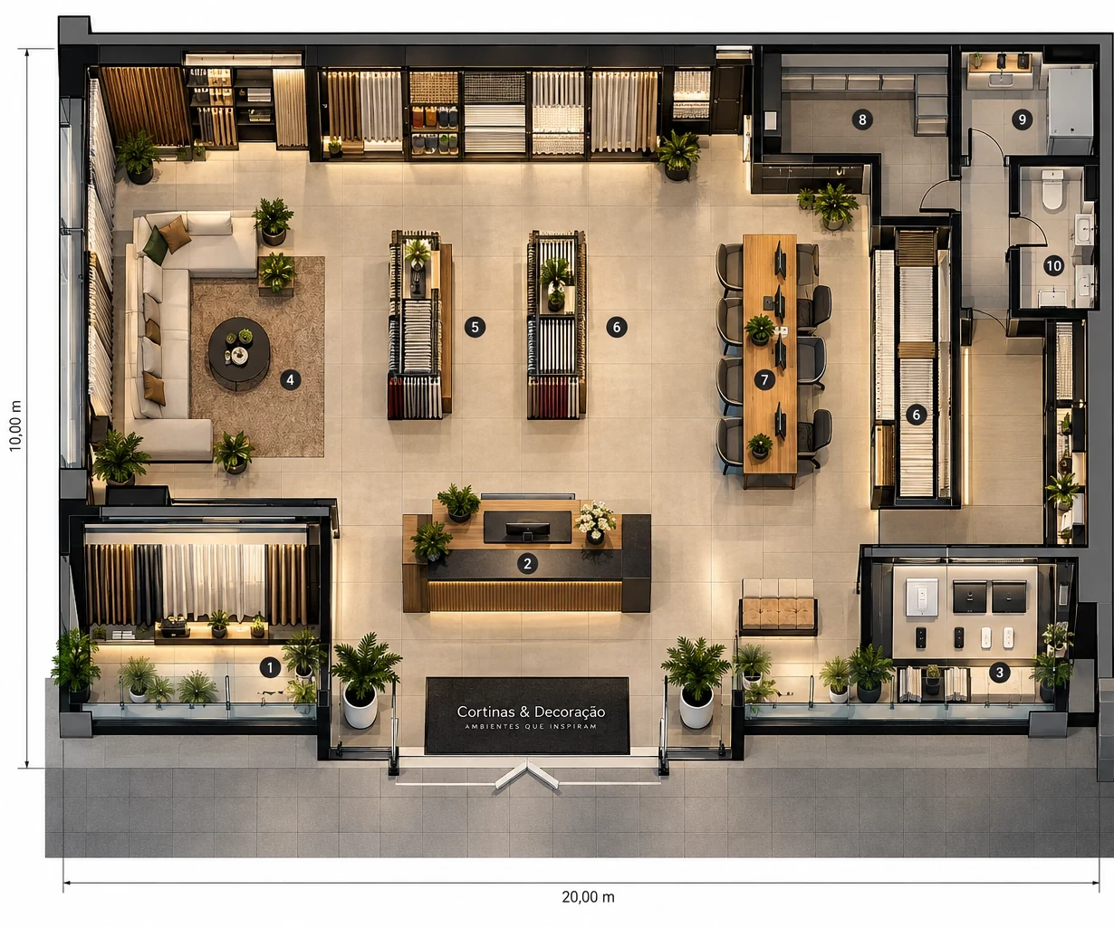 Estudo de planta baixa e layout da loja de cortinas
