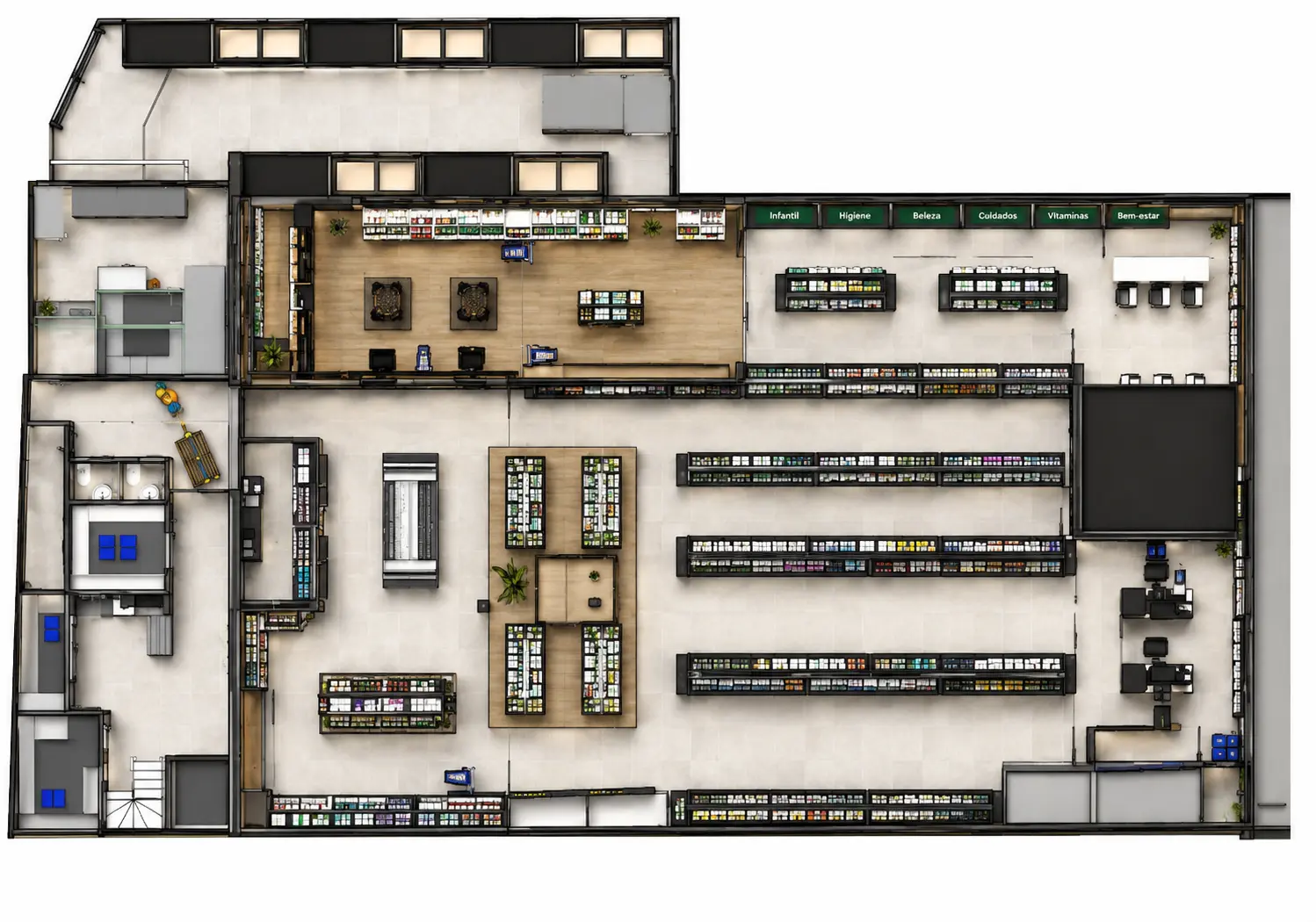 Planta baixa do mercado Xepão Rei da Vila com layout operacional