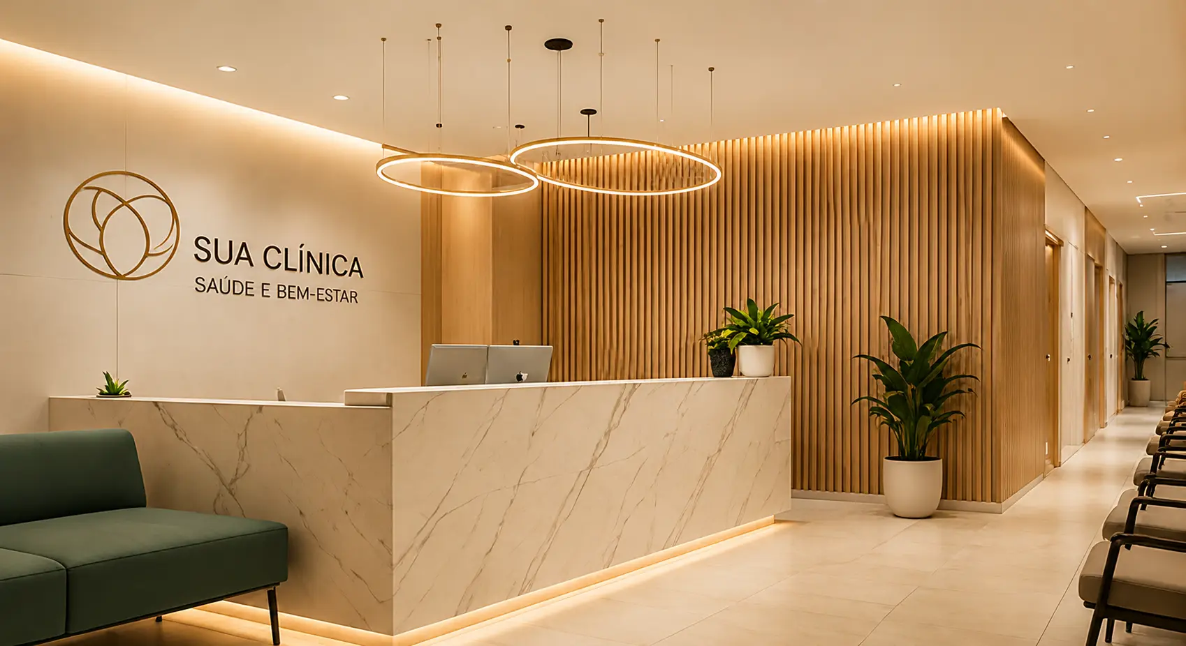 Projeto para clínica de estética com recepção elegante, salas funcionais e identidade visual sofisticada