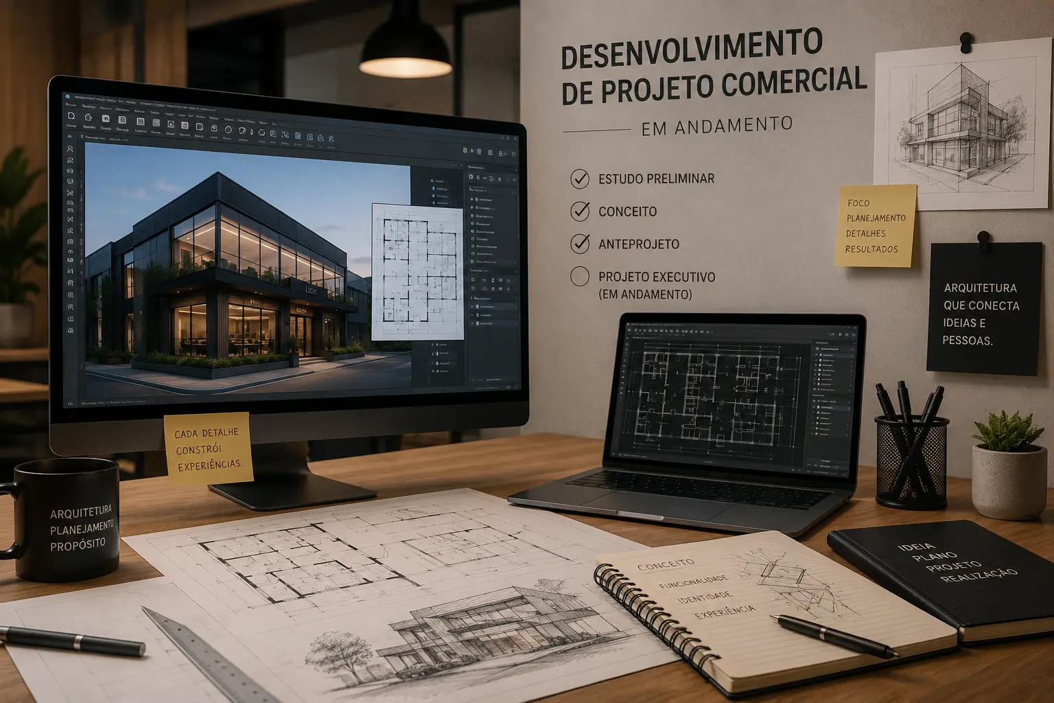 Desenvolvimento de projeto comercial em andamento com plantas e estudos