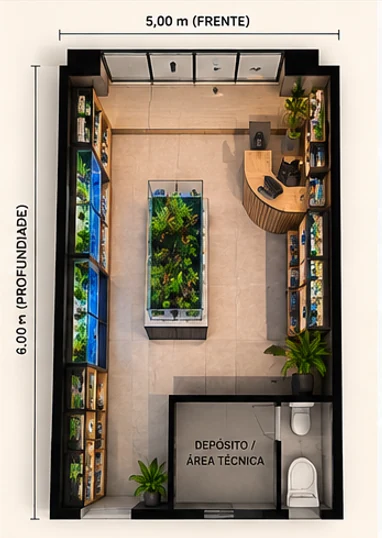 Layout de loja de aquários de 30 m²