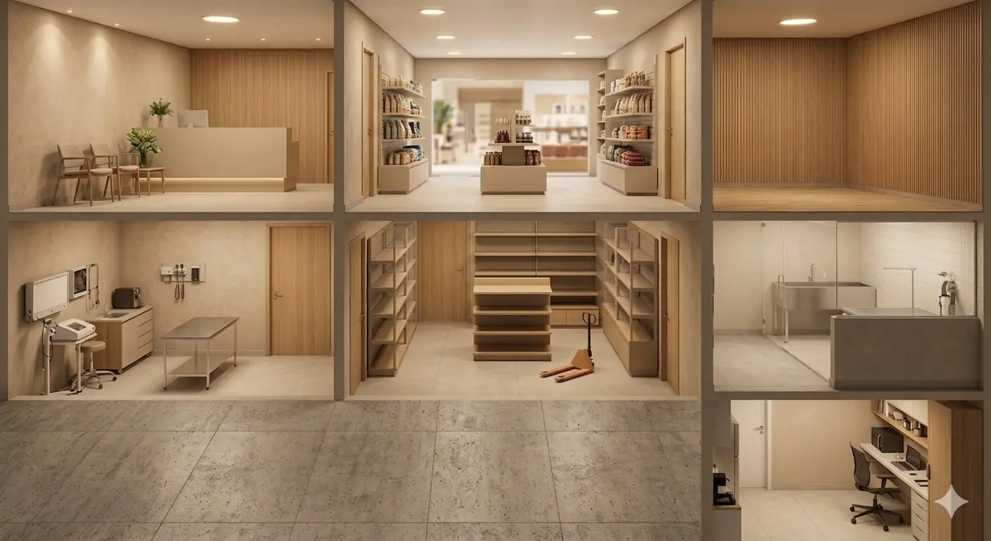 Planta do projeto para pet shop com setorização de loja, banho e tosa e apoio