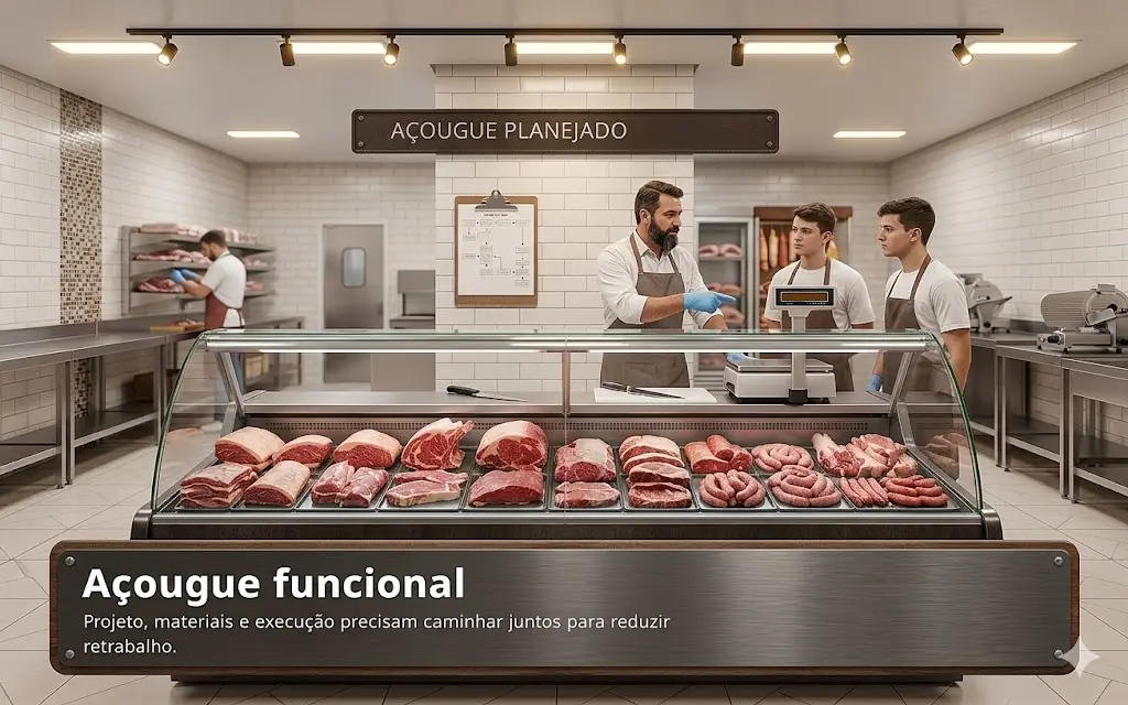 Reforma de açougue com balcão refrigerado, higiene e layout operacional