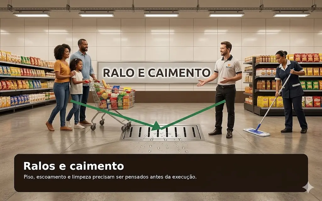 Ralo e caimento de piso em reforma de açougue