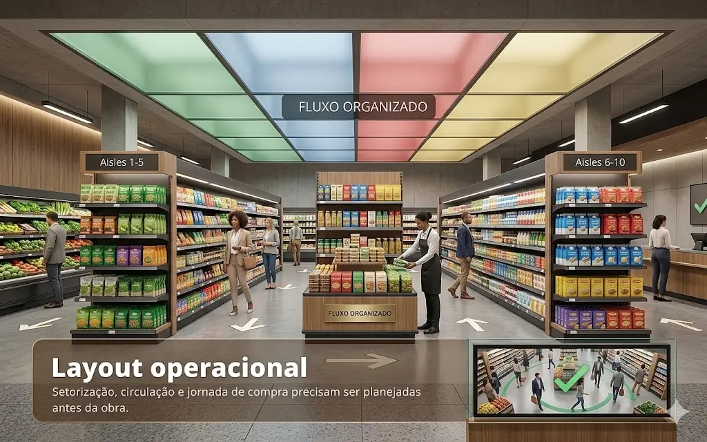 Layout operacional de supermercado com fluxo organizado